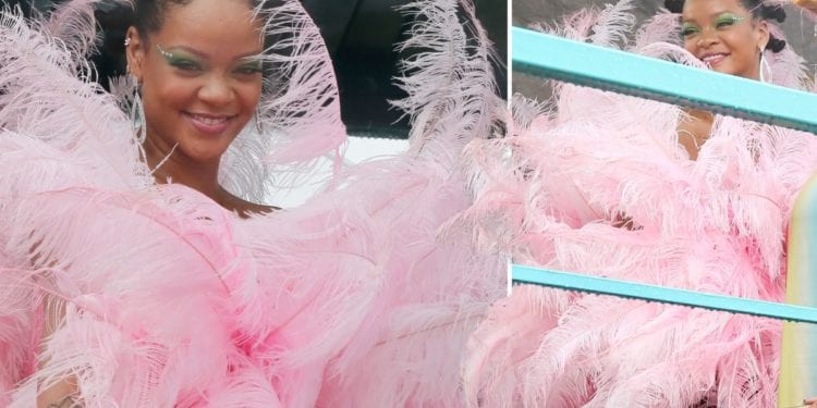 Rihanna Dressed In Pink Feathers At Carnival In Barbados