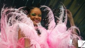 rihanna in pink feathers